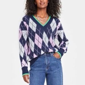 On 34th | Navy/Purple/Green/White Preppy Argyle Oversized Pullover Sweater Sz Lg